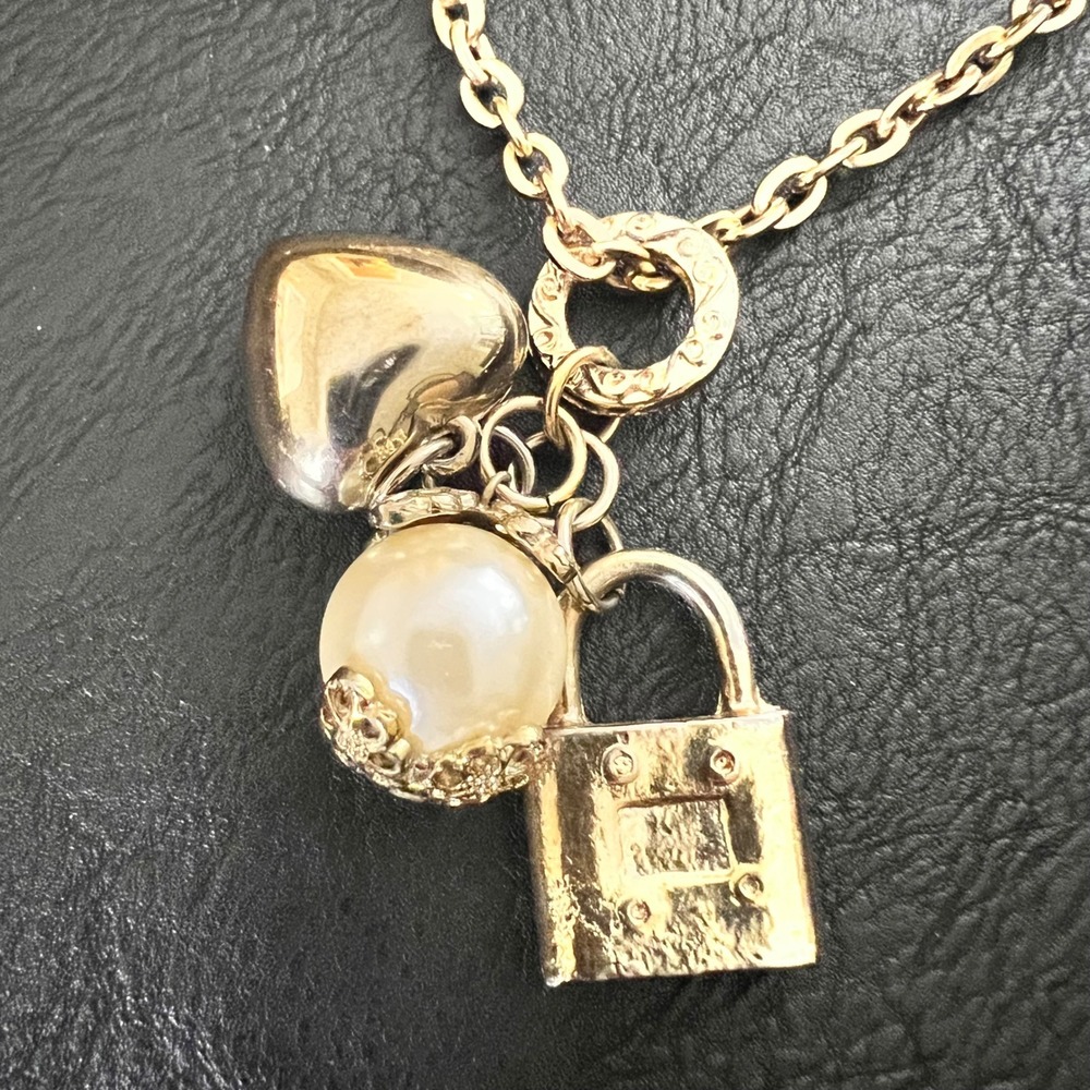 Gold Tone Heart Padlock Faux‎ Pearl Charm Necklace 36 Inch Long Coquette Y2K